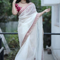 White Organza Saree Maroon Embroidered Border Designer Blouse