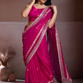 Rani Pink Embroidered Chiffon Saree with Zari Border Party Wear