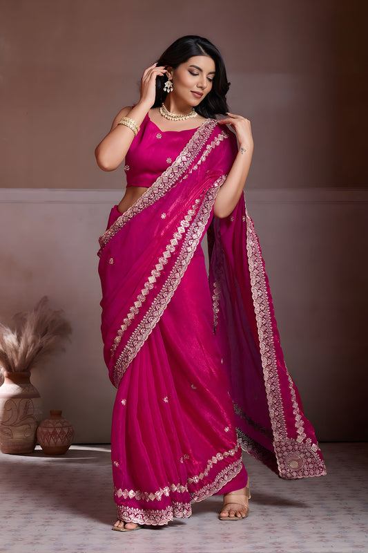 Rani Pink Embroidered Chiffon Saree with Zari Border Party Wear