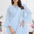Sky Blue Ready-to-Wear Saree Designer Pleated Pallu Embellished Blouse