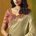 Beige Silk Saree Embroidered Red Border Readymade Blouse