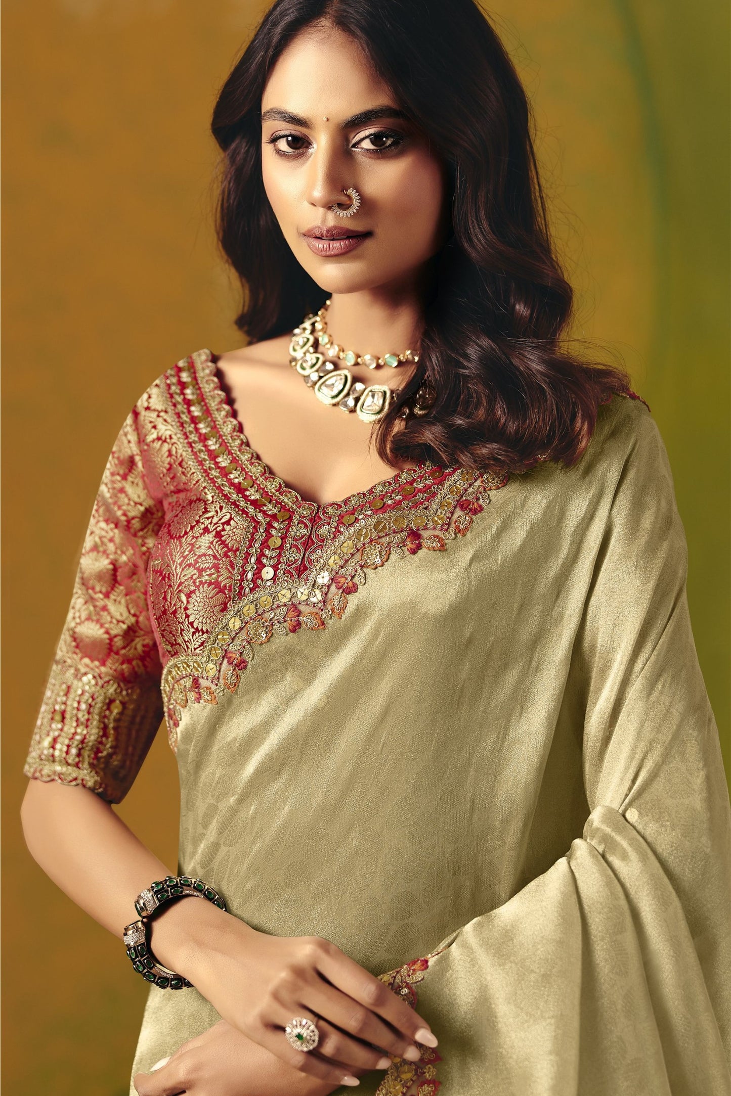 Beige Silk Saree Embroidered Red Border Readymade Blouse