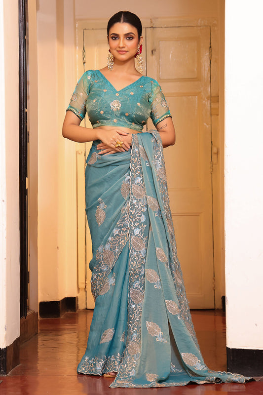Designer Teal Blue Embroidered Silk Saree Matching Blouse