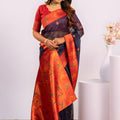 Navy Blue Paithani Silk Saree Red Zari Border Traditional Saree