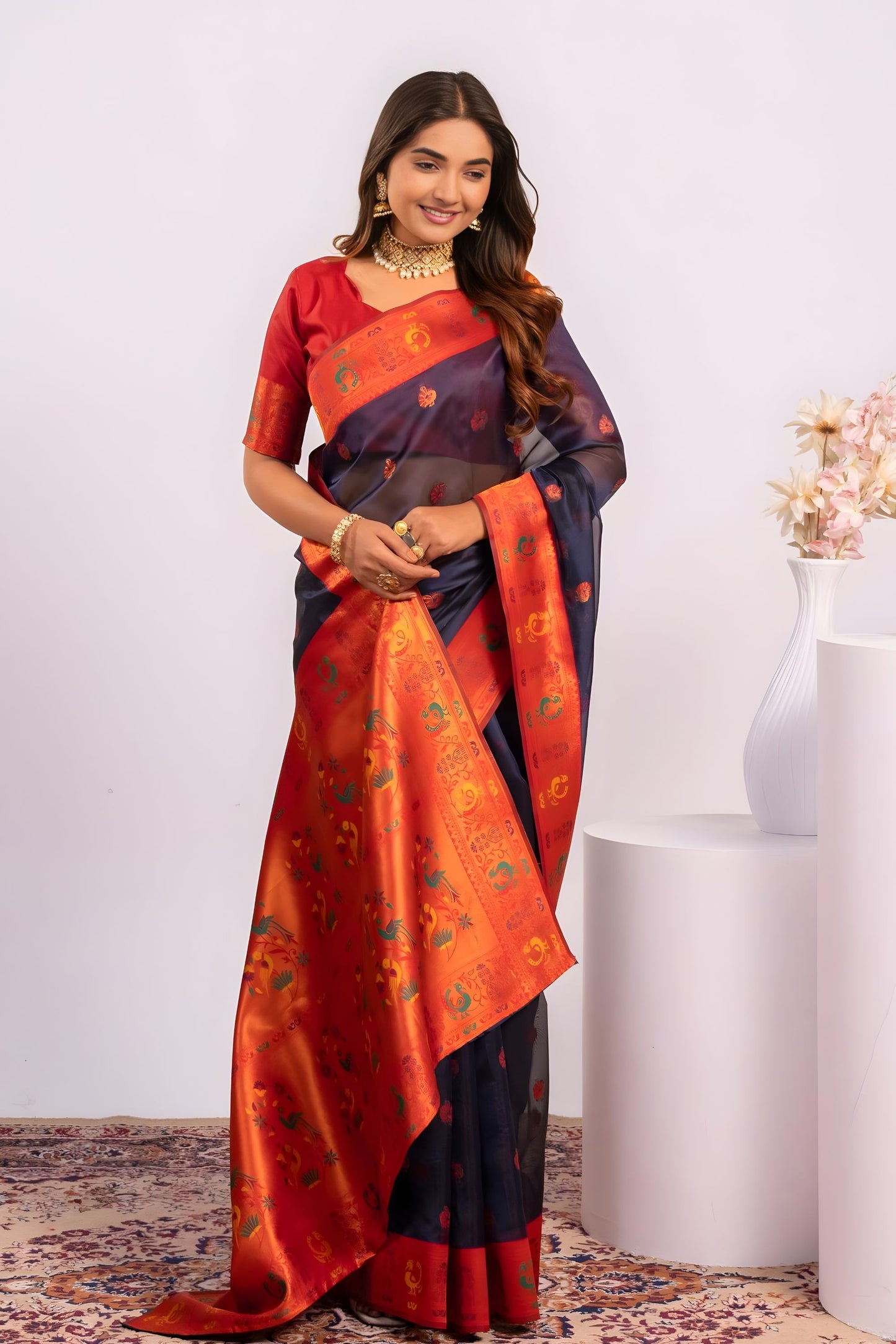 Navy Blue Paithani Silk Saree Red Zari Border Traditional Saree