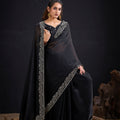 Black Organza Silk Saree Embroidered Border Designer Saree