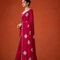Wine Red Embroidered Georgette Saree Floral Motifs Designer Border