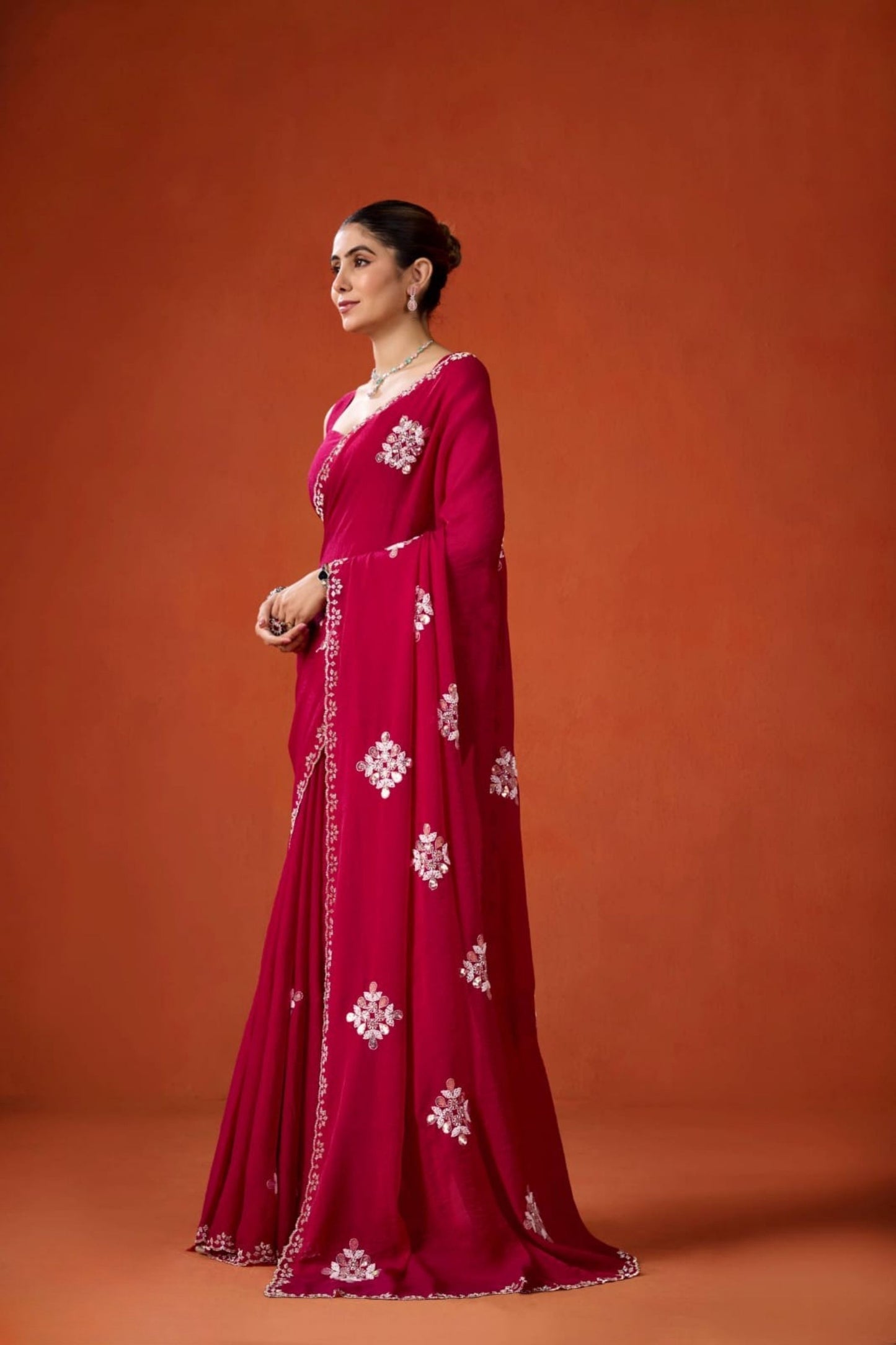 Wine Red Embroidered Georgette Saree Floral Motifs Designer Border