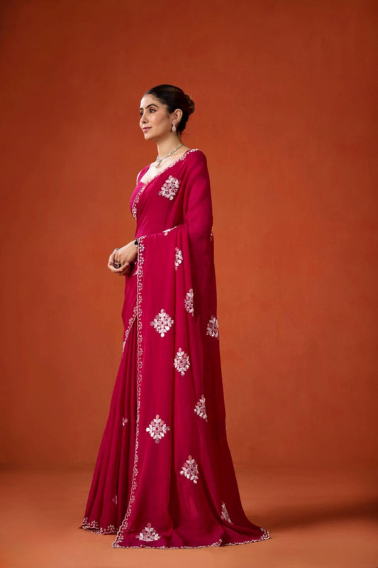 Wine Red Embroidered Georgette Saree Floral Motifs Designer Border
