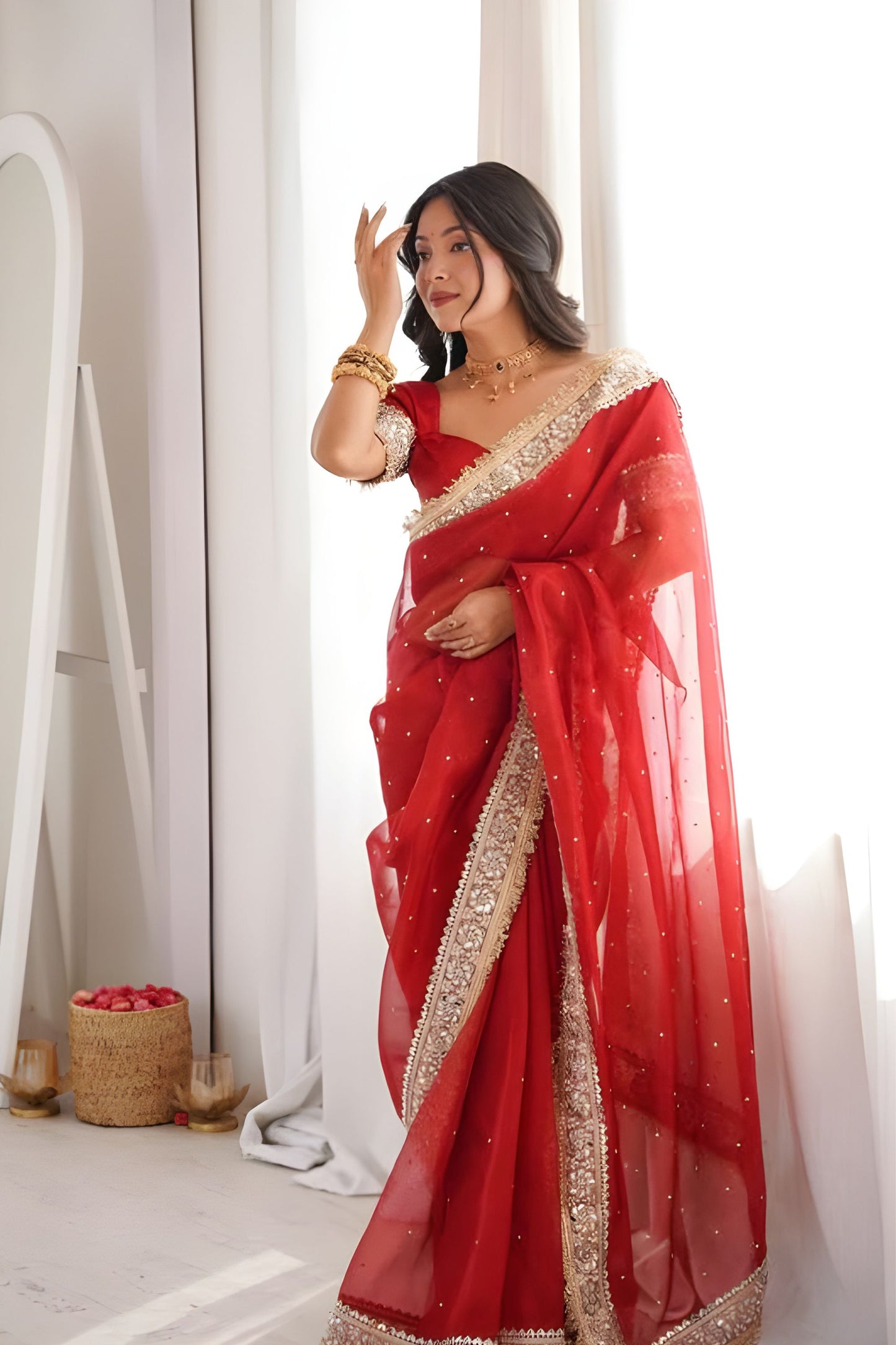 Designer Red Georgette Saree with Heavy Embroidery Sequin Work