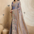 Blue Embroidered Organza Saree Floral Handwork Designer Blouse