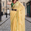  Lemon Yellow Organza Saree with Green Printed Border Designer Blouse