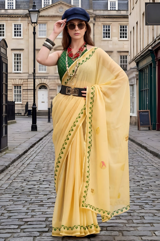  Lemon Yellow Organza Saree with Green Printed Border Designer Blouse