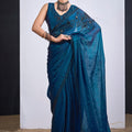 Teal Blue Organza Saree with Black Floral Embroidery Designer Party Wear Saree