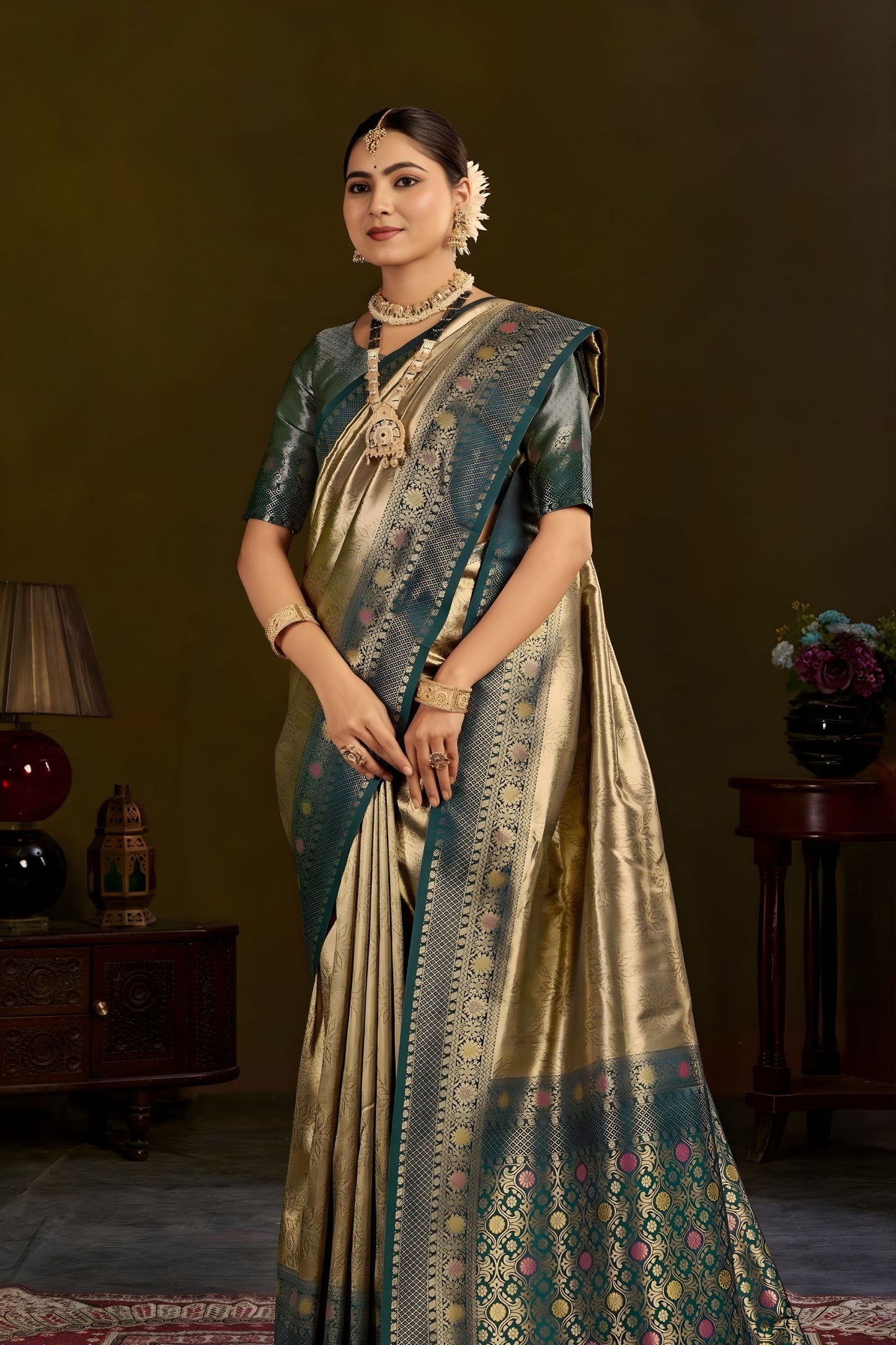 Elegant Gold Kanjivaram Silk Saree with Teal Green Zari Border