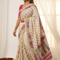 Off White Printed Linen Cotton Saree with Multicolor Border