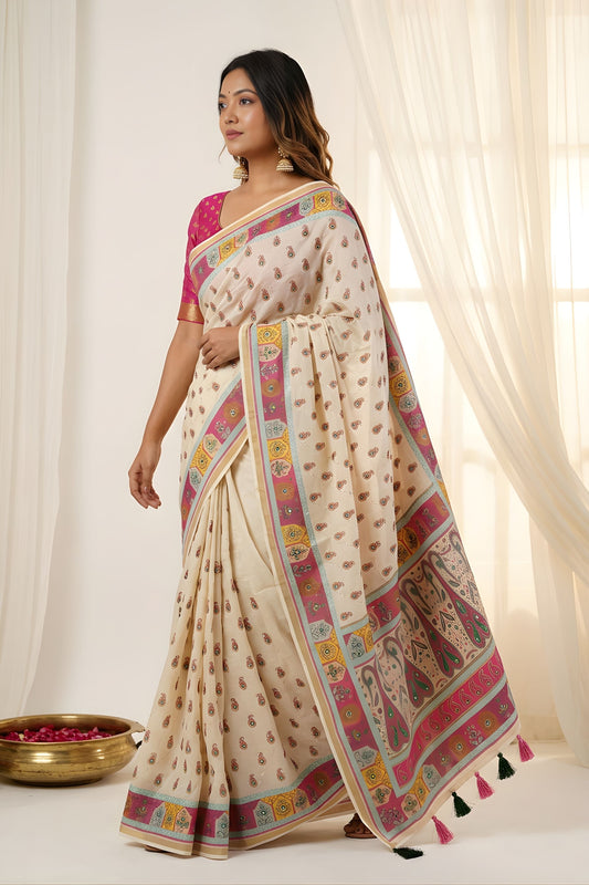 Off White Printed Linen Cotton Saree with Multicolor Border
