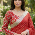Elegant Red Georgette Saree Silver Border  Blouse Piece Festive Wear