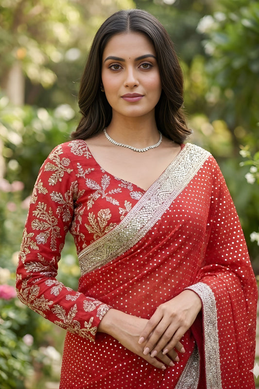 Elegant Red Georgette Saree Silver Border  Blouse Piece Festive Wear