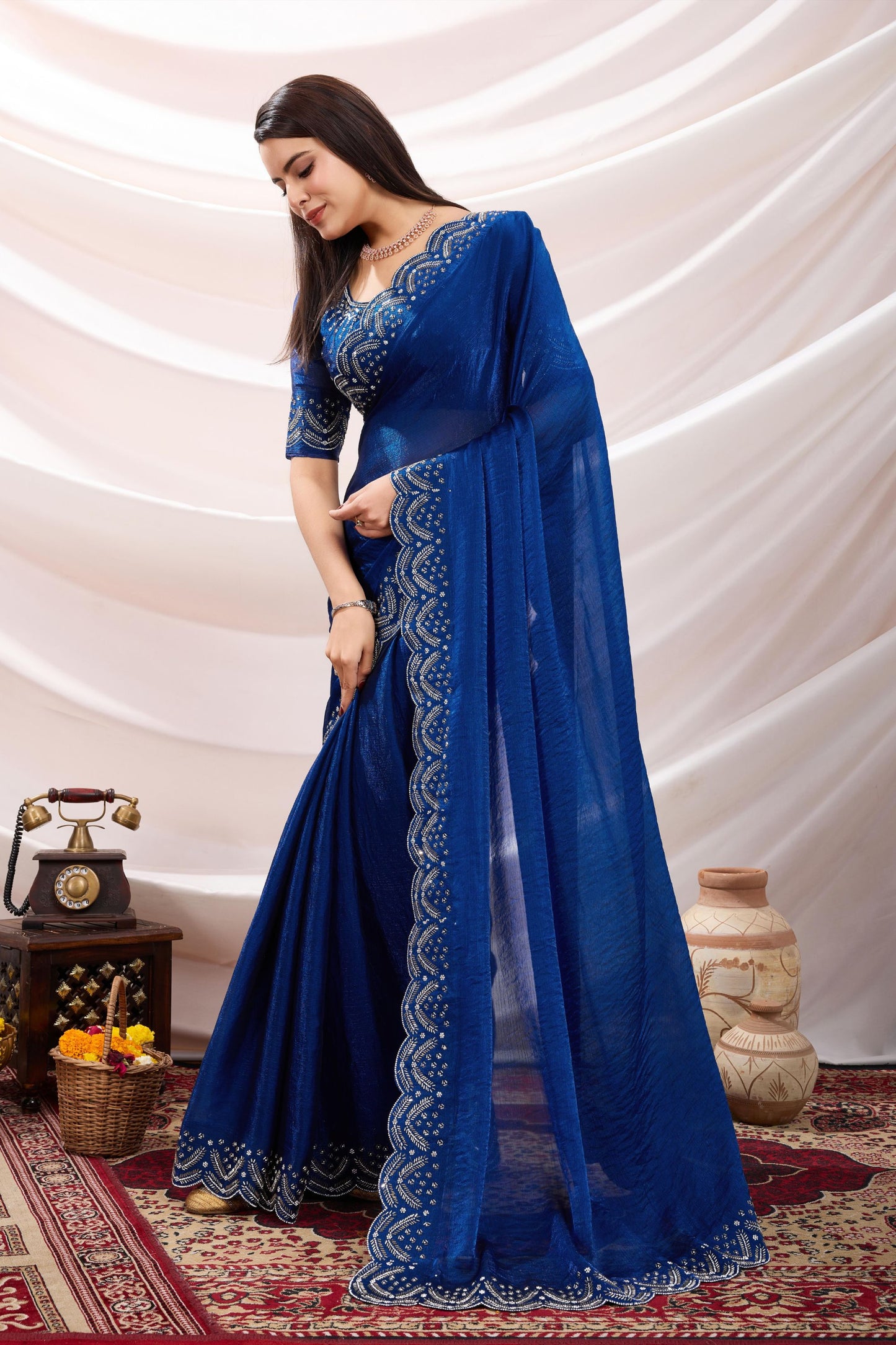 Royal Blue Georgette Saree with Sequin Thread Embroidery Border