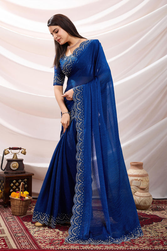 Royal Blue Georgette Saree with Sequin Thread Embroidery Border