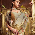 Golden Beige Embroidered Silk Saree with Floral Handwork Border