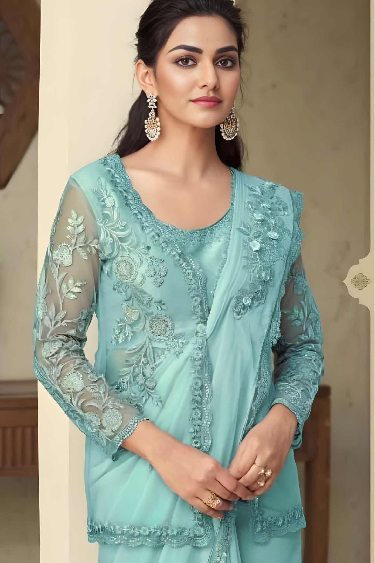 Elegant Aqua Blue Embroidered Designer Saree with Full Sleeve Blouse