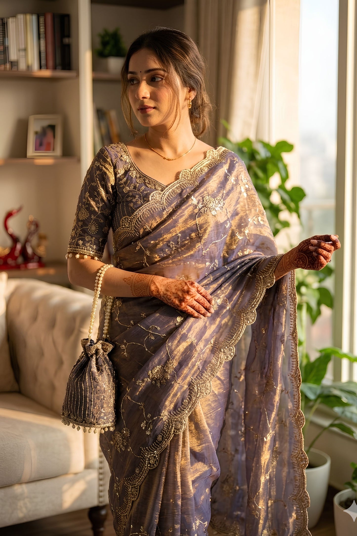 Lavender Purple Organza Saree Heavy Golden Embroidery Designer Blouse