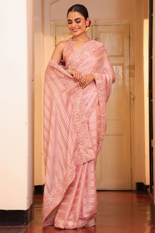 Pink Pleated Satin Saree with Embroidered Floral Border Party Wear