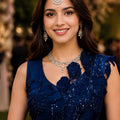 Luxury Navy Blue Ready-to-Wear Saree Floral Sequin Embellished Designer Blouse