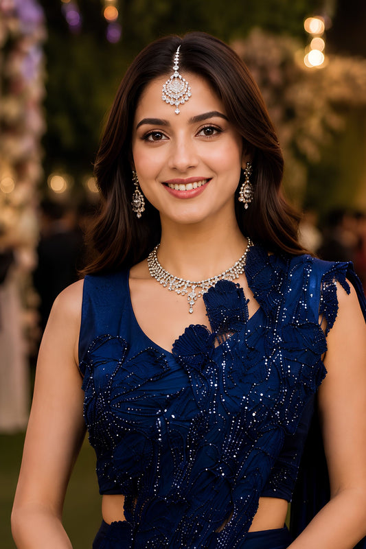Luxury Navy Blue Ready-to-Wear Saree Floral Sequin Embellished Designer Blouse