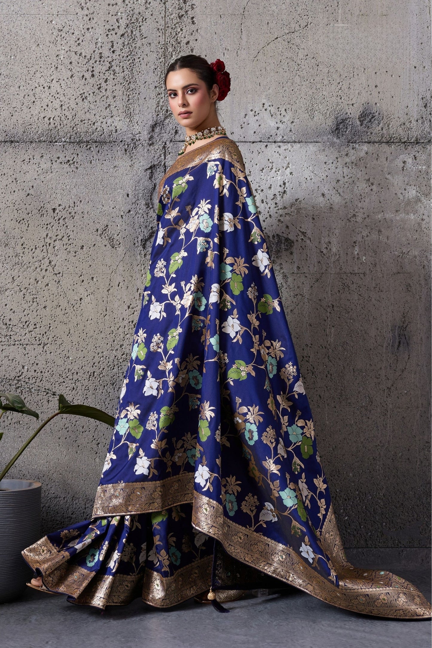 Royal Blue Banarasi Silk Saree Gold Zari Border Floral Weaving Saree