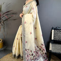 Off White Linen Cotton Saree Floral Hand Block Print Border