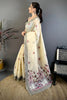 Off White Linen Cotton Saree Floral Hand Block Print Border