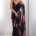 Black Georgette Floral Print Saree with Pearl Lace Border