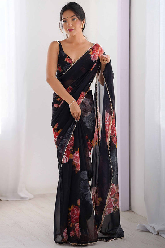 Black Georgette Floral Print Saree with Pearl Lace Border