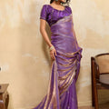 Purple Silk Blend Saree with Golden Zari Embroidery Designer Blouse