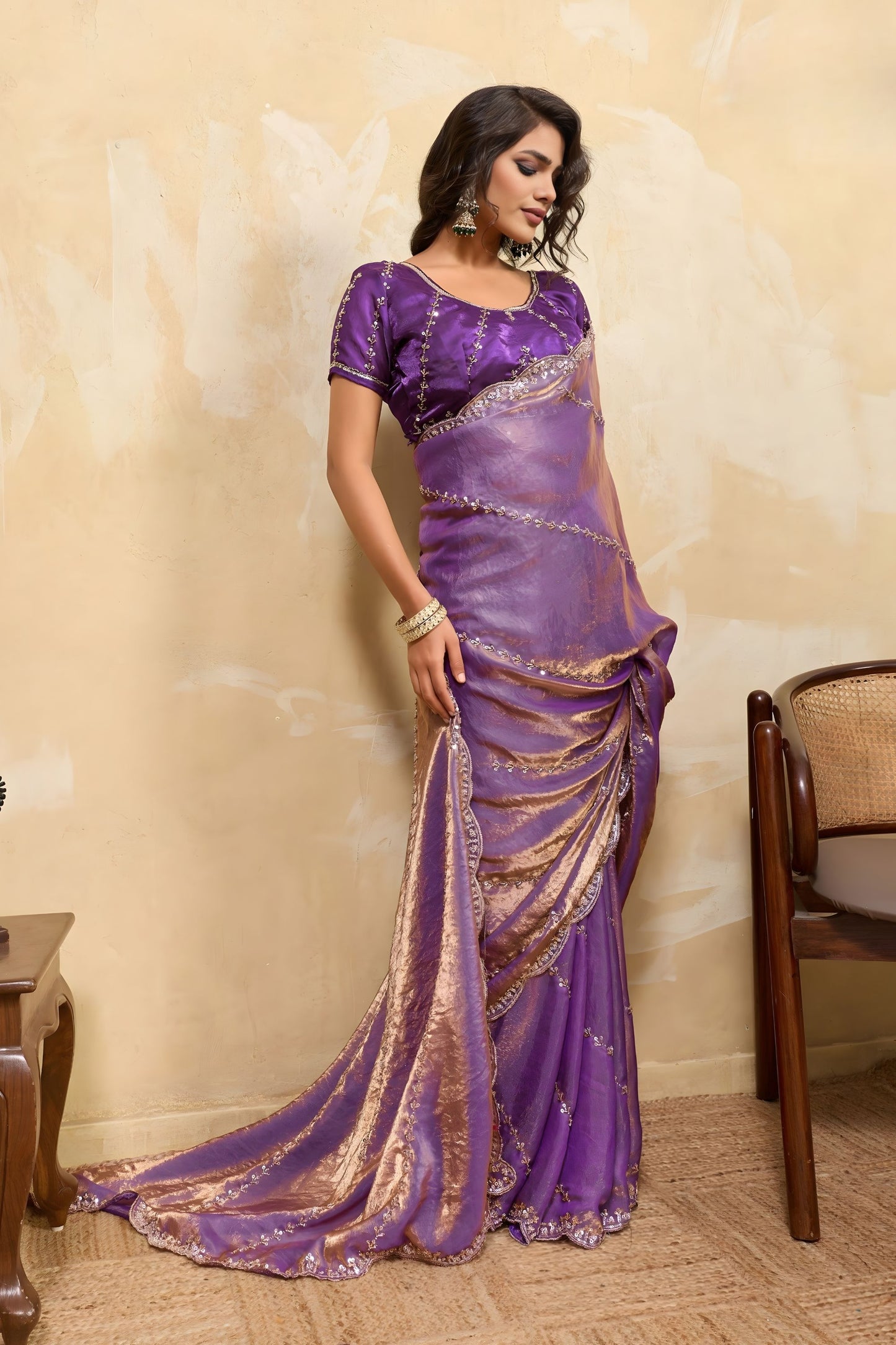 Purple Silk Blend Saree with Golden Zari Embroidery Designer Blouse