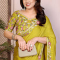 Lime Green Silk Saree with Floral Embroidered Border Designer Blouse