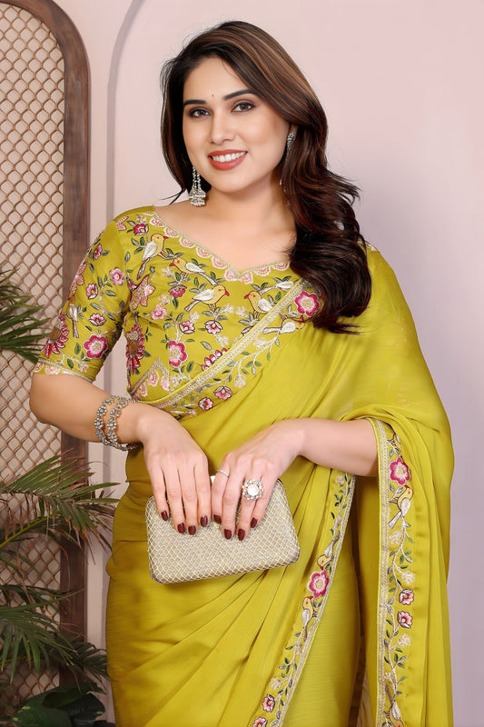 Lime Green Silk Saree with Floral Embroidered Border Designer Blouse