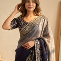 Navy Blue Ombre Organza Silk Saree Floral Embroidery Border