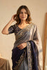 Navy Blue Ombre Organza Silk Saree Floral Embroidery Border