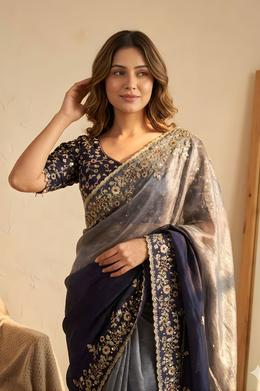 Navy Blue Ombre Organza Silk Saree Floral Embroidery Border