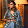 Luxury Steel Blue Banarasi Silk Saree with Silver Zari Weaving Designer Border