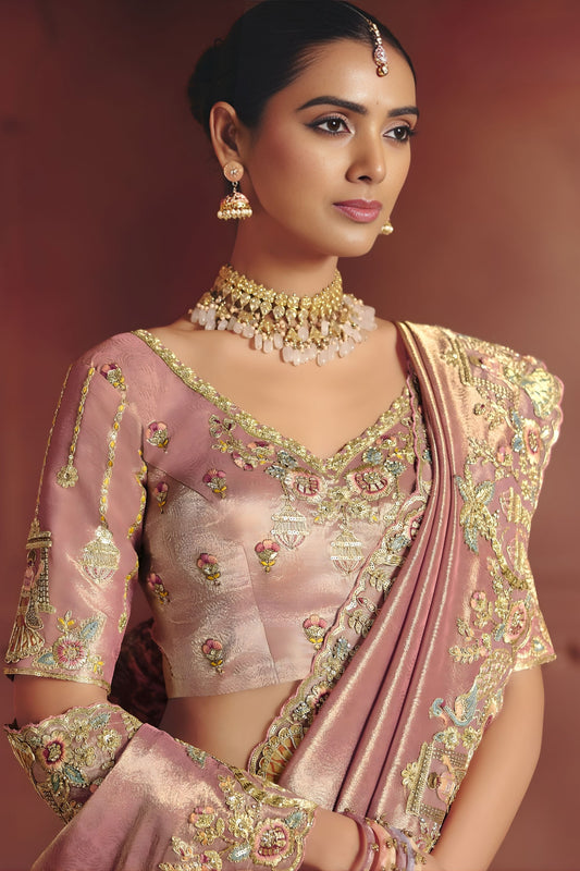 Blush Pink Silk Bridal Saree with Heavy Zari Embroidery Designer Blouse