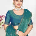 Teal Blue Silk Saree with Zari Embroidered Border Designer Blouse