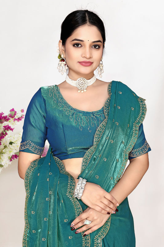 Teal Blue Silk Saree with Zari Embroidered Border Designer Blouse