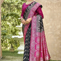 Black Banarasi Silk Saree Pink Zari Border Traditional Saree
