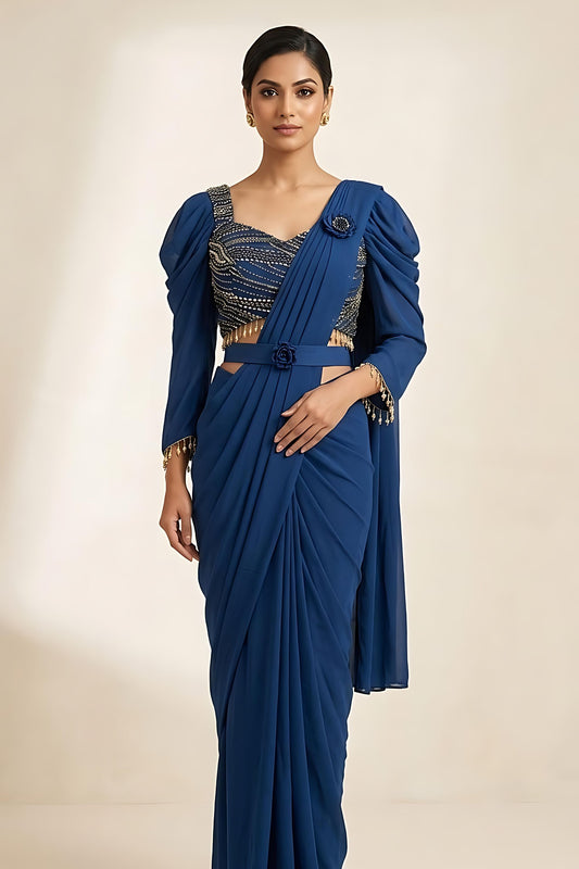 Royal Blue Designer Ready to Wear Saree with Sequins Blouse