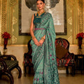 Sea Green Printed Linen Silk Saree with Traditional Ethnic Border